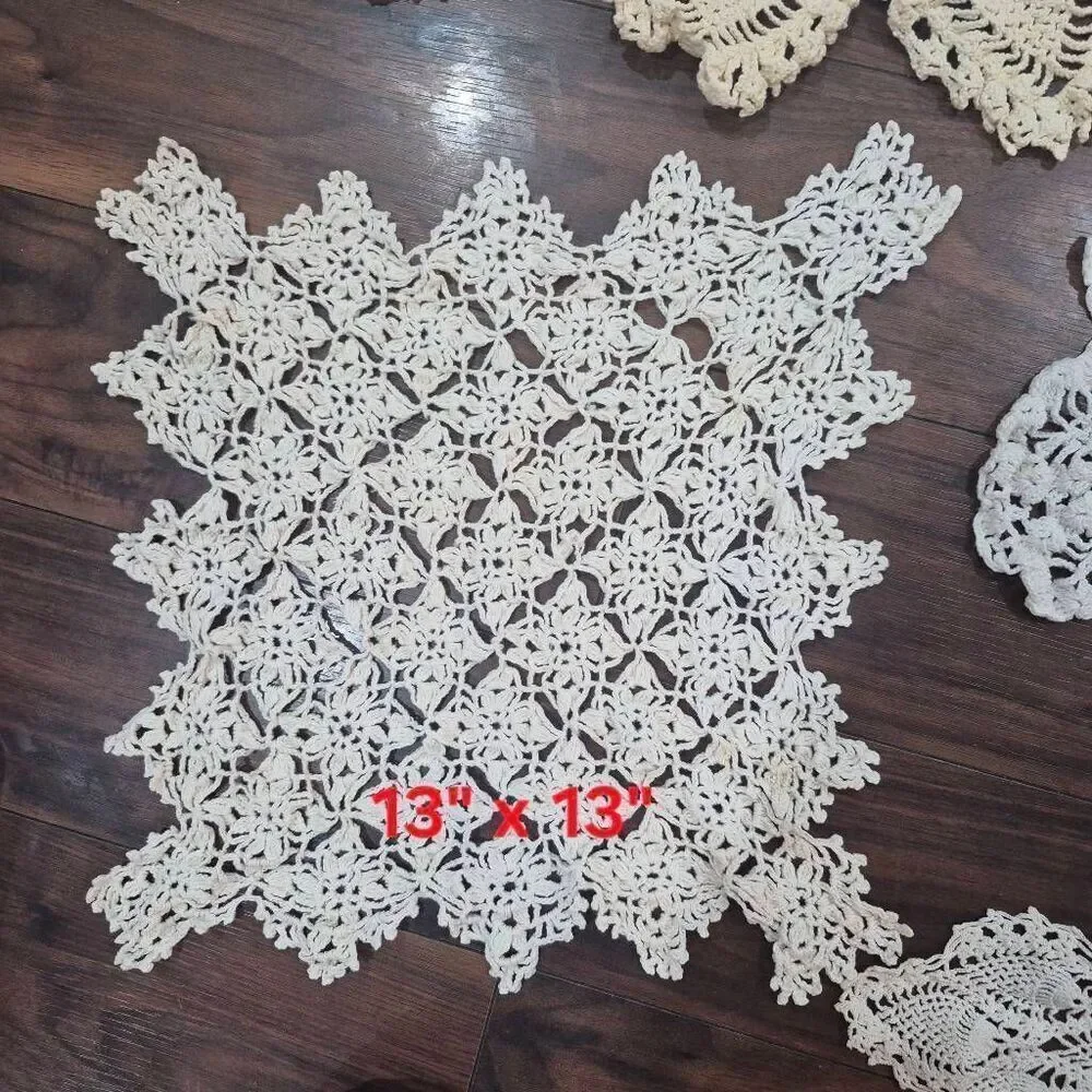 Crochet, 6 Vintage Large White & Ecru Cotton Doilies, Handmade
